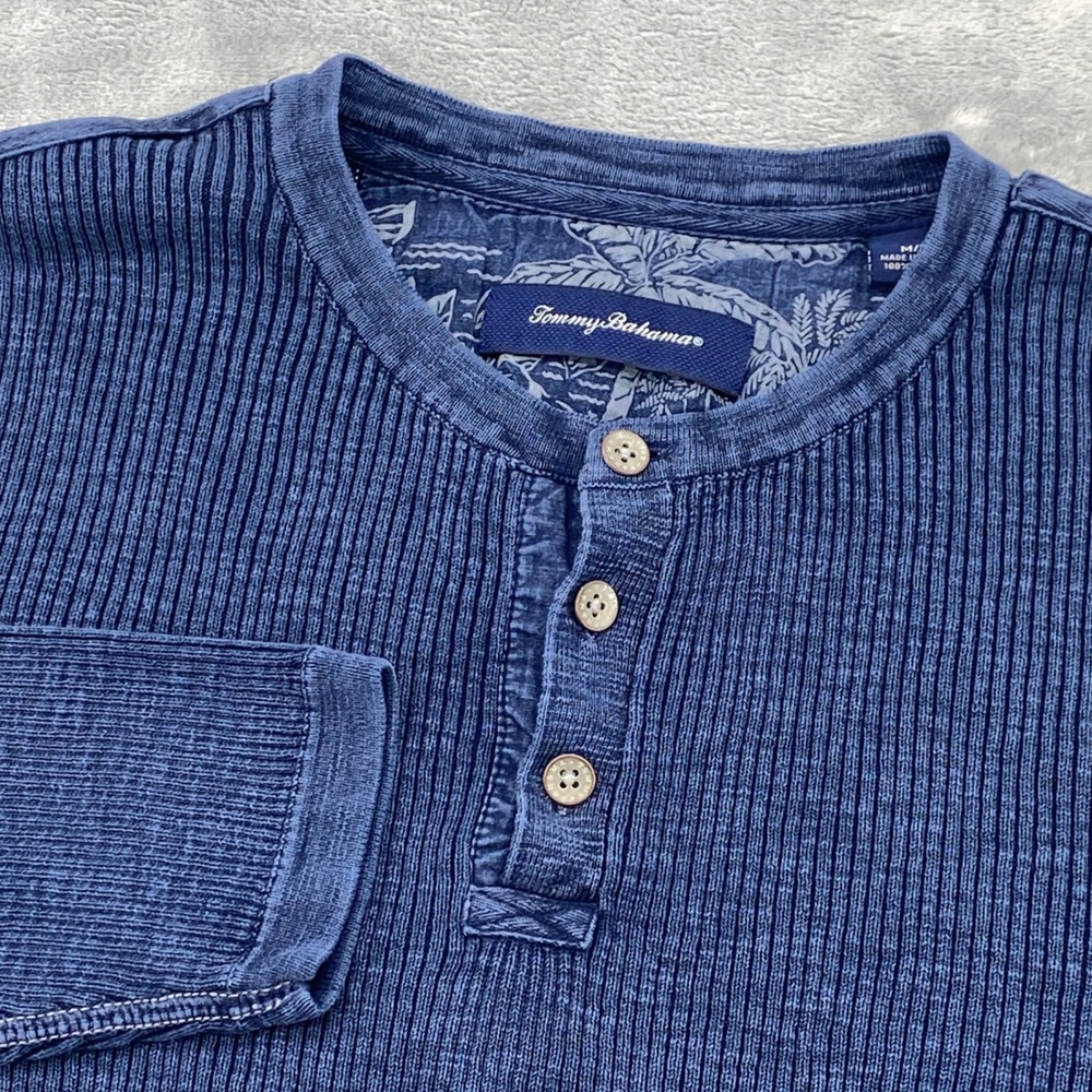 Tommy Bahama Mens Medium Blue Ribbed Cotton Long Sleeve Henley Shirt